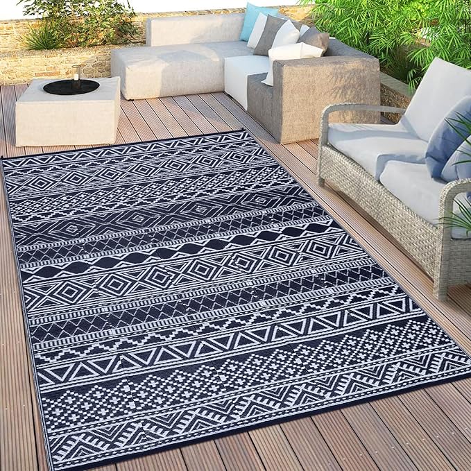 GAOMON Outdoor Rugs Patio Camping Waterproof Rug 6'x9' Plastic Straw Patio Rug Portable for Campers, Outside RVs Mat for Patios Clearance, Backyard Porch, Balcony, Dark Blue/White(Bohemia)-HomvellaHome