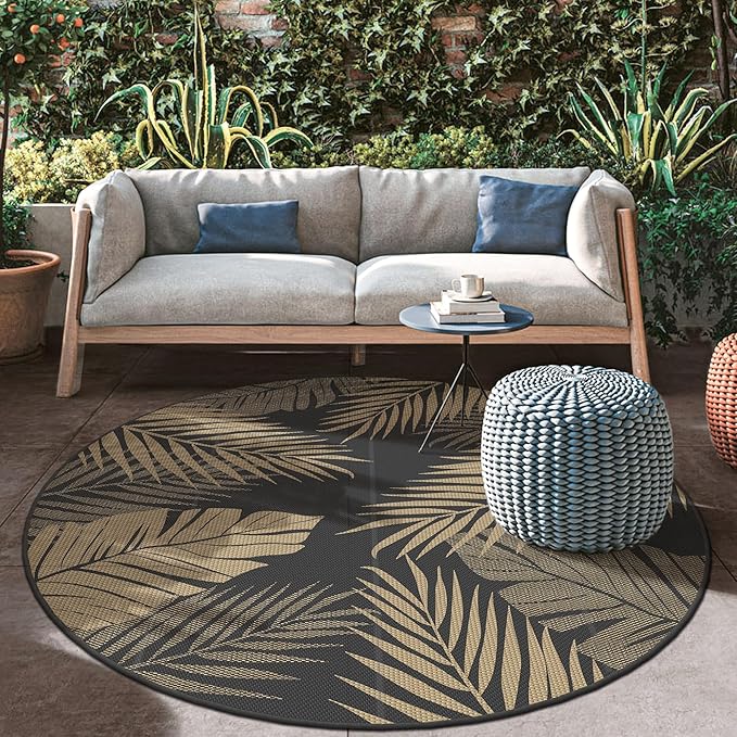 GENIMO Outdoor Rug 8' Round Waterproof for Patios Clearance, Reversible Outdoor Plastic Straw Camping Rug Carpet, Large Area Rugs Mats for RV, Camper, Deck, Balcony, Porch, Beach, Picnic, Black&Brown-HomvellaHome