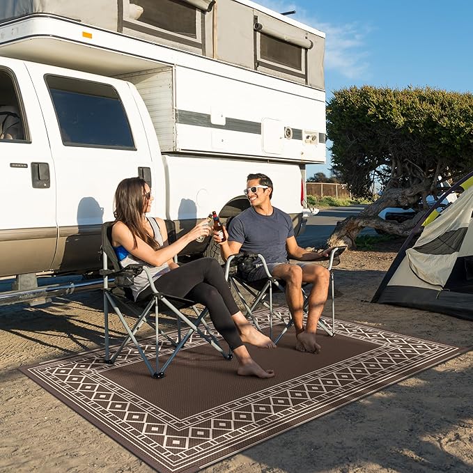 GENIMO Outdoor Rug Waterproof for Patio Decor, 3'x5' Foldable Reversible Plastic Straw Carpet for Porch, Outside Area Mat for Entryway, Rv, Deck, Picnic, Camper, Balcony, Beach, Coffee & Beige-HomvellaHome