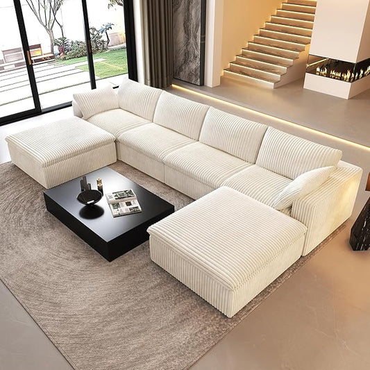 157.5" U Shaped Modern Sofa Modular Sectional Cloud Couch with 2 Ottoman,Deep Seat Upholstered Couches with Corduroy Fabric for Living Room Furniture,Bedroom and Apartment,No Assembly Required,White-HomvellaHome