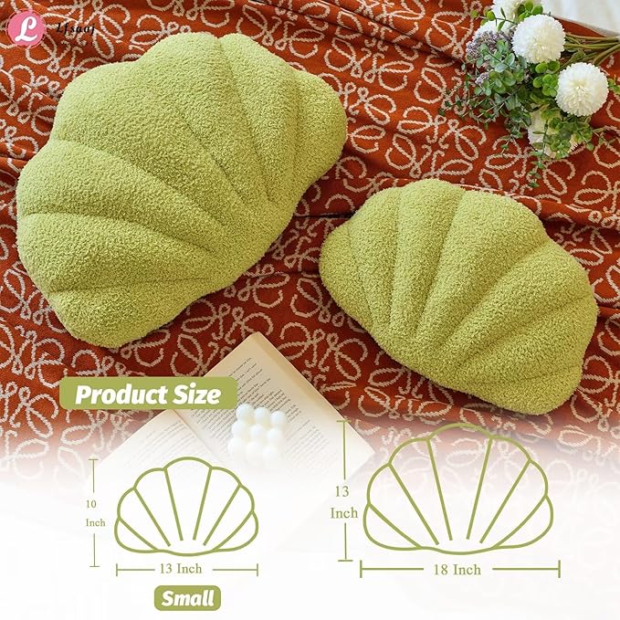 Green Seashell Throw Pillows, Shell Shaped Throw Pillows, 13 Inch Soft Home Decorative Pillow Plush Cushion for Bed Couch Living Sofa Room Decor Accent Throw Pillow-HomvellaHome