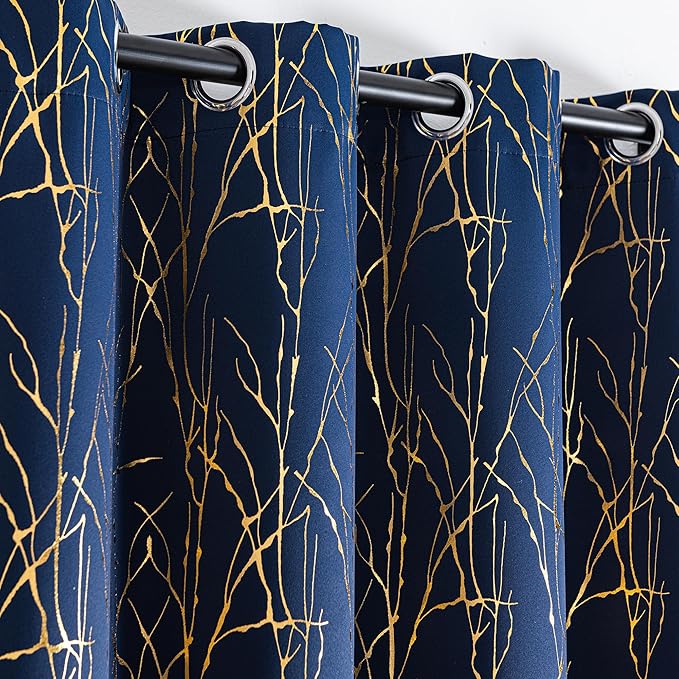 Grommets Blackout Long Window Curtains Navy Blue Gold-52W*95L 2PCS Drapes for Bedroom-HomvellaHome