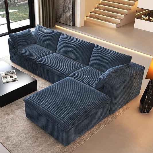 118" L Shaped Modern Sofa Modular Sectional Cloud Couch with Ottoman,Deep Seat Upholstered Couches with Plush Corduroy Fabric for Living Room Furniture,Bedroom and Apartment,No Assembly Required,Blue-HomvellaHome