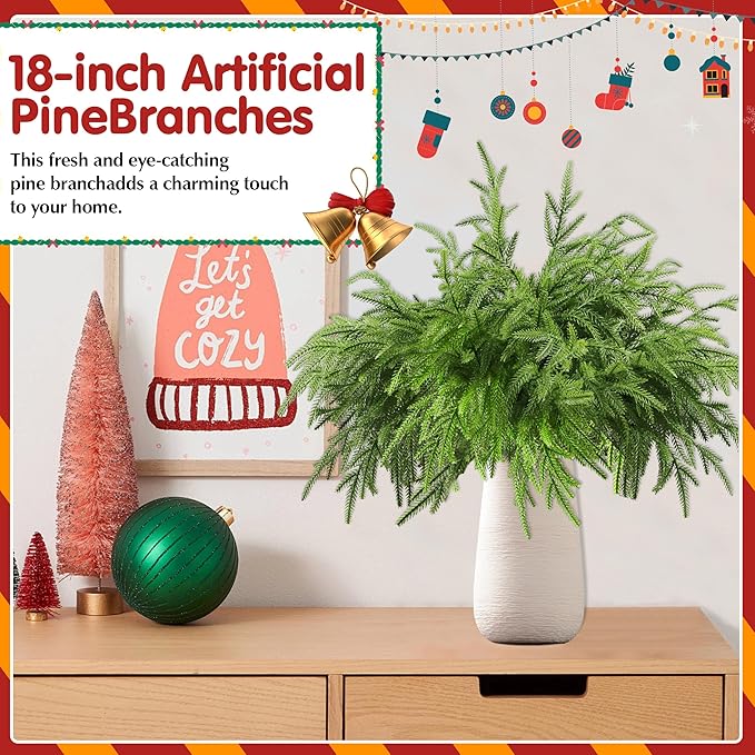 18Pcs Artificial Norfolk Pine Branches 18" Plastic Christmas Plants Decor Faux Greenery Stems Pine Picks Outdoor Faux Plants UV Resistant for Xmas Indoor, Front Porch Home Décor (18, 18inch)-HomvellaHome