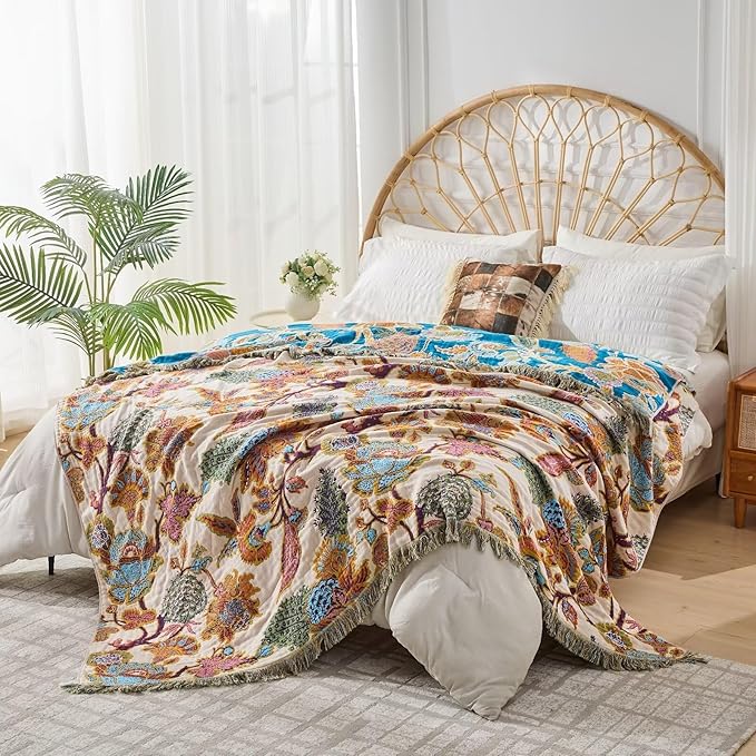 100% Muslin Throw Blanket for Couch, Butterfly and Floral Double Embroidery Fall Throw Blanket 60"x80" for Sofa, Chair, Woven Cotton Reversible Mexican Blanket-HomvellaHome