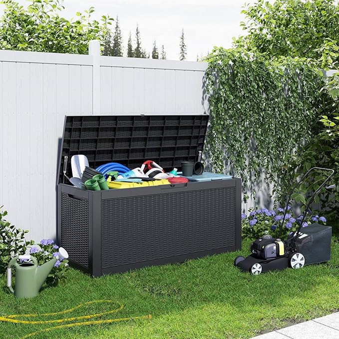 100 Gallon Resin Deck Box, Lockable Patio Outdoor Storage Box for Furniture, Garden Tools and Tools Storage, Waterproof Outside Storage Boxes - Black-HomvellaHome