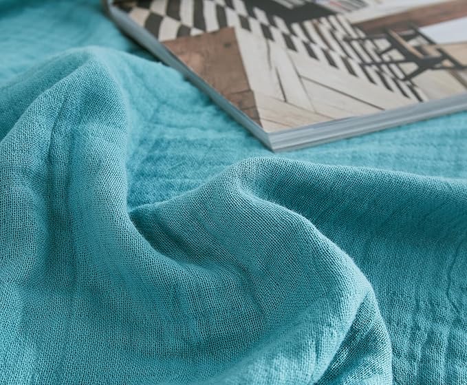 100% Cotton Muslin Throw Blanket for Bed, Couch, Small, Decorative, Soft, Pre-Washed, Breathable and Lightweight Gauze Blanket with Fringes, Suitable for All Seasons, Teal, 50"x60"-HomvellaHome