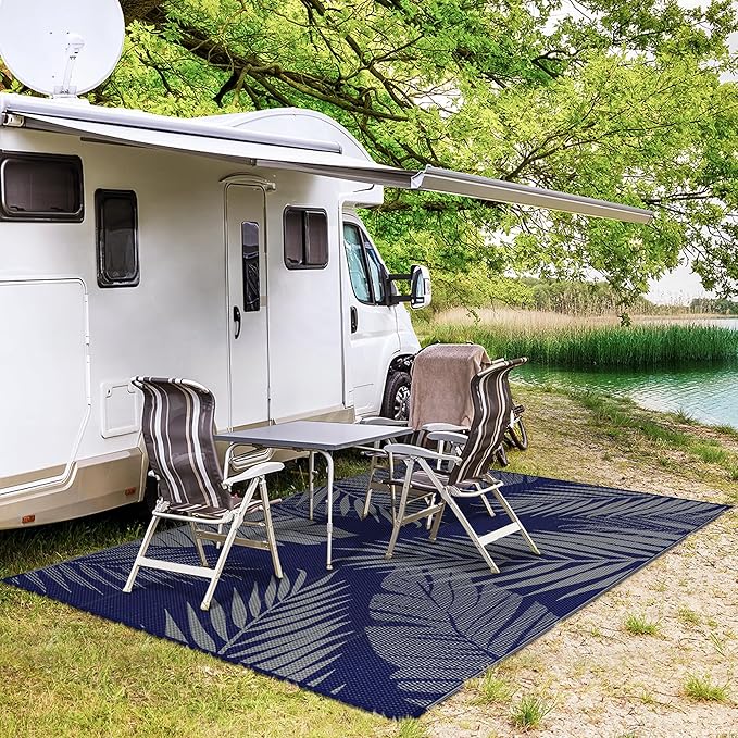 GENIMO Outdoor Rug 5' x 8' Waterproof for Patios Clearance, Reversible Outdoor Plastic Straw Camping Rug Carpet, Large Area Rugs Mats for RV, Picnic, Backyard, Deck, Balcony, Porch, Beach, Blue&Grey-HomvellaHome