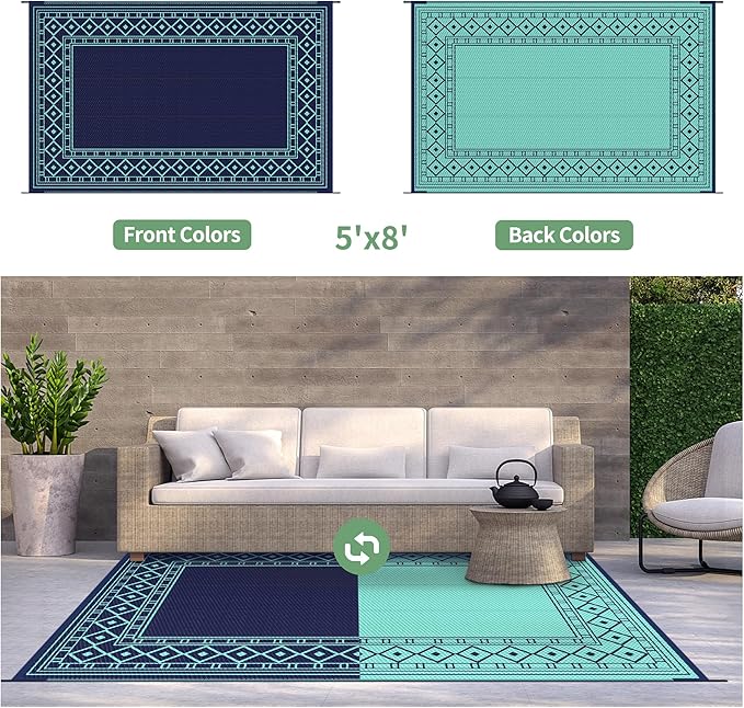GENIMO Outdoor Rug Waterproof 5'x8' for Patio, Foldable Reversible Plastic Straw Carpet for Travel Trailers, Outside Area Mat for Rv, Deck, Picnic, Porch, Balcony, Beach, Navy Blue & Jade Green-HomvellaHome