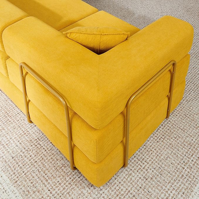 108" Oversized Convertible Sleeper Sofa Bed, Corduroy L Shape Sectional Couch, Folding Sofa Bed with Side Pocket, Modern Cloud Floor Mattress Couch, Modular Sofa for Living Room, Yellow-HomvellaHome