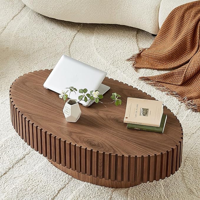 Oval Coffee Table for Living Room, Modern Fluted Coffee Tables with Pedestal Base, Handcrafted Centre Tea Tables Easy Assembly-43.7" Walnut-HomvellaHome