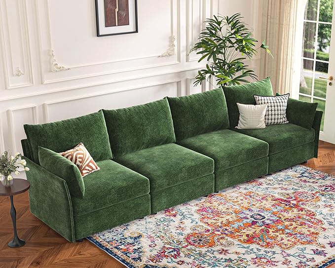 134.6" Modular Sectional Sofa, Oversized 4 Seater Green Couch with Removable Chenille Fabric Cover, Deep Seat & High Backrest for Living Room, Office & Apartment-HomvellaHome