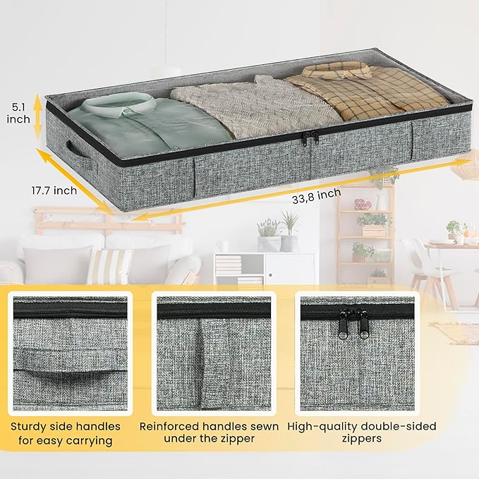 Gray Low Profile Under Bed Storage Containers 5 inches high, 33.8"x 17.7"x 5.1", Sturdy Underbed Shoe Storage Organizer, Foldable Fabric Under the Bed Storage Bins - Pack of 2-HomvellaHome