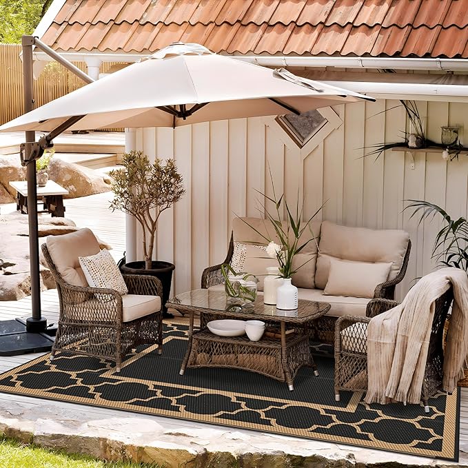 GENIMO 6' x 9' Outdoor Rug Waterproof for Patio Decor, Foldable Reversible Plastic Straw Area Rugs Mat for Camper, Outside Carpet for Rv, Deck, Porch, Picnic, Beach, Balcony, Black & Brown-HomvellaHome