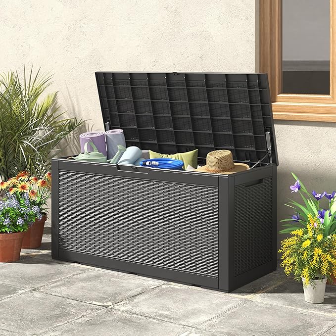 100 Gallon Deck Box Lockable Rattan Outdoor Storage Box waterproof Outdoor Container for Patio Furniture Cushions, Pillow-HomvellaHome