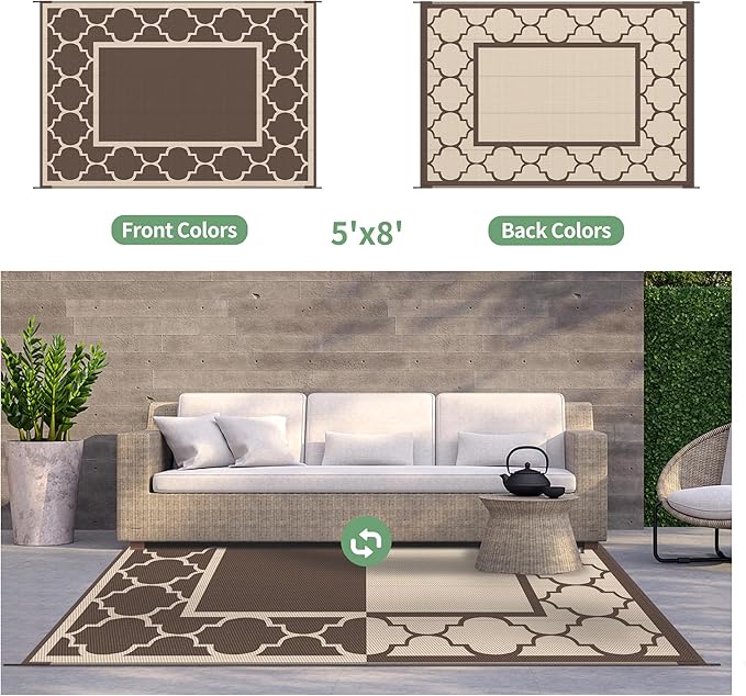 GENIMO 5' x 8' Outdoor Rug Waterproof for Patio Decor, Foldable Reversible Plastic Straw Area Rugs Mat for Camper, Outside Carpet for Rv, Deck, Porch, Picnic, Beach, Balcony, Coffee & Beige-HomvellaHome