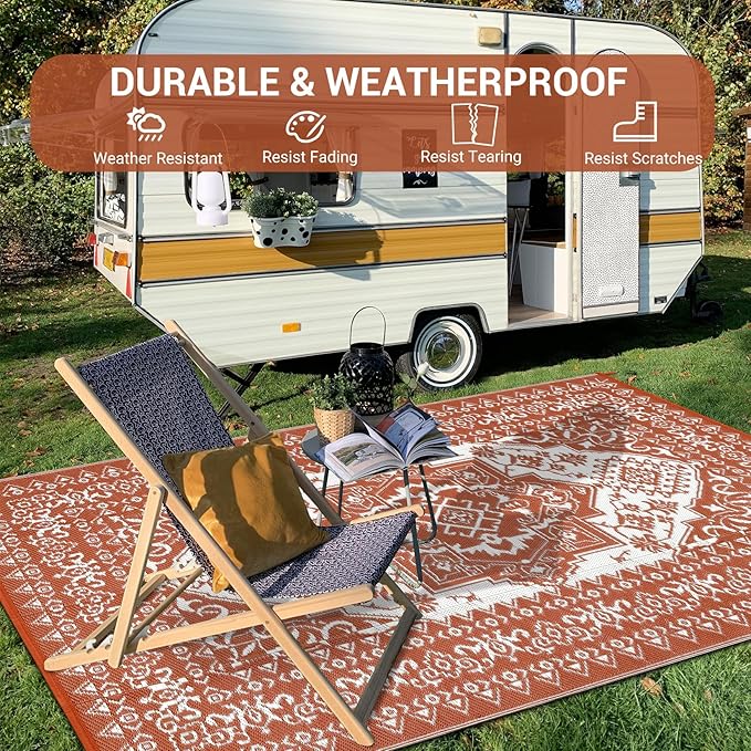 GAOMON Outdoor Rug for Patio 9x18 Waterproof Reversible Plastic Straw Rug, Large UV-Resistant Portable RV Camping Mats, Indoor Outdoor Medallion Carpet for Outside Deck Porch Garden, Red & White-HomvellaHome