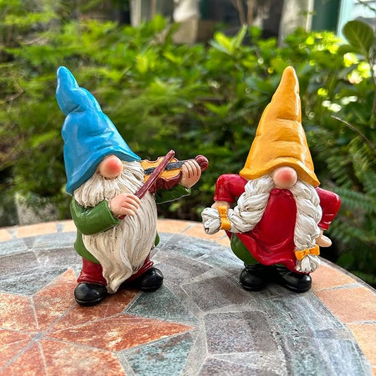 Garden Gnome Duo Decorative Figurines 5.5“ Ornament for Indoor Outdoor Home Garden Decor，Musical Violin Player and Dancing, Colorful Outdoor Statues, Set of 2-HomvellaHome