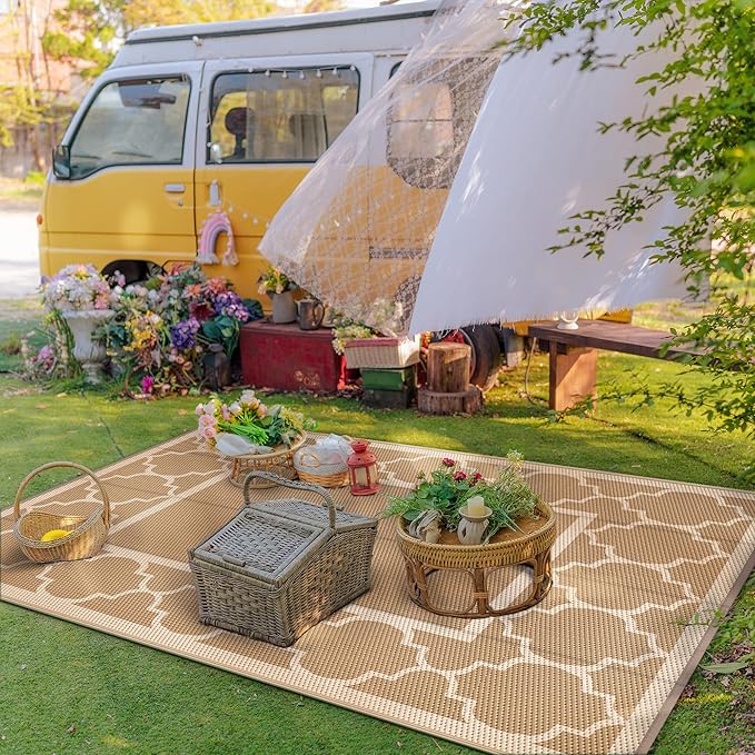 GENIMO 5' x 8' Outdoor Rug Waterproof for Patio Decor, Foldable Reversible Plastic Straw Area Rugs Mat for Camper, Outside Carpet for Rv, Deck, Porch, Picnic, Beach, Balcony, Brown & Beige-HomvellaHome