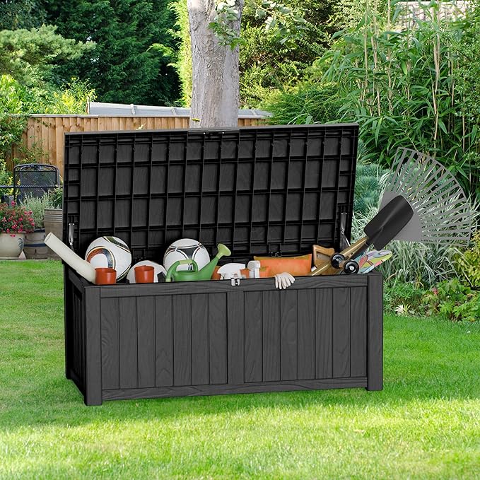 150 Gallon Outdoor Storage Box Patio Deck Box Waterproof, Resin Lockable Outside Large Storage Bin for Pool Cushion Furniture, Garden Tools UV-Resistant, Black-HomvellaHome