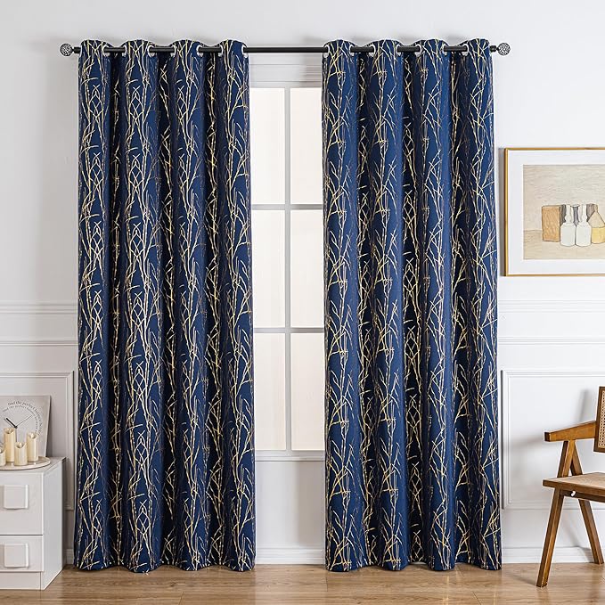 Grommets Blackout Long Window Curtains Navy Blue Gold-52W*84L 2PCS Drapes for Bedroom-HomvellaHome