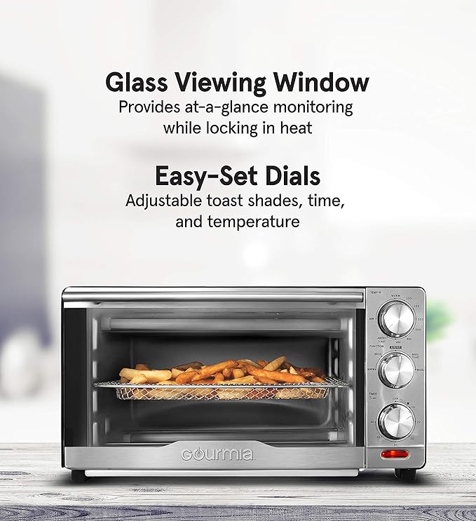 Gourmia GTF7350 6-in-1 Multi-function, Stainless Steel Air Fryer Oven - 6 Cooking Functions - Fry Basket, Oven Rack, Baking Pan & Crumb Tray, Included + Recipe Book-HomvellaHome