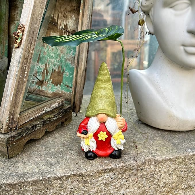 Garden Female Gnome Statue Decoration with Leaf Umbrella, 6.5” Figurine Ornament for Indoor Outdoor Home Patio Yard Lawn, for Gnome Lovers & Garden Enthusiasts，Mom，Women-HomvellaHome
