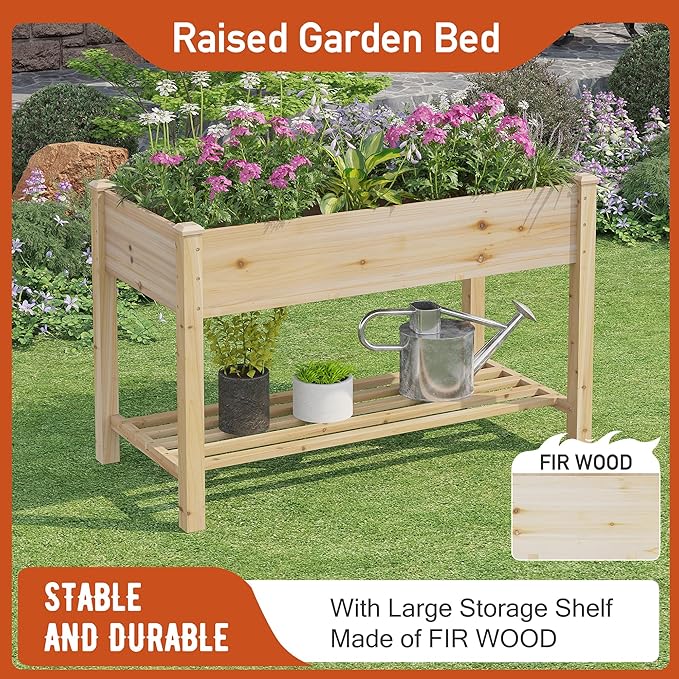 GHWIE Raised Garden Bed with Shelf,Elevated Wooden Planter Box with Legs,Garden Planter for Backyard, Patio, Balcony,200lb Capacity - Natural-HomvellaHome