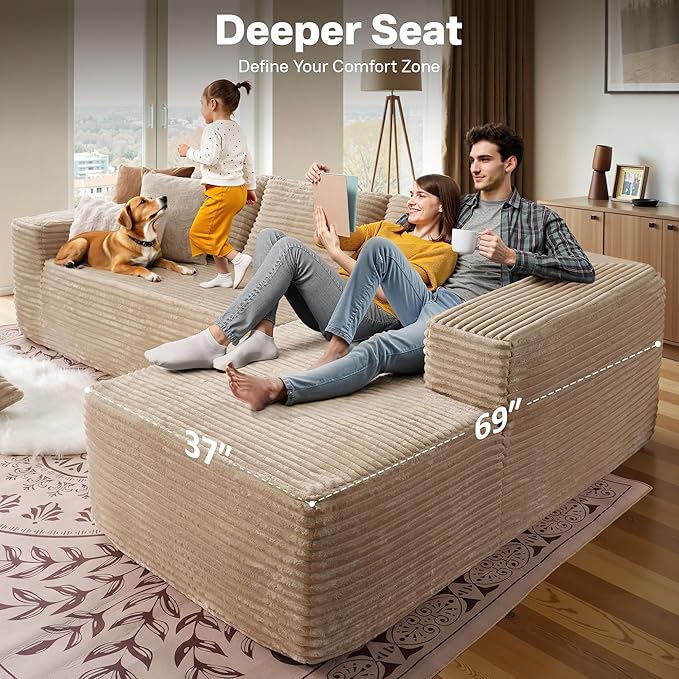 104" Cloudy Sectional L Shaped Couch for Living Room, No Assembly Required, Modular Comfy Sofa with Deep Seat, Fluffy Couch with Sleeper Chaise for Apartment Lounge (Beige)-HomvellaHome