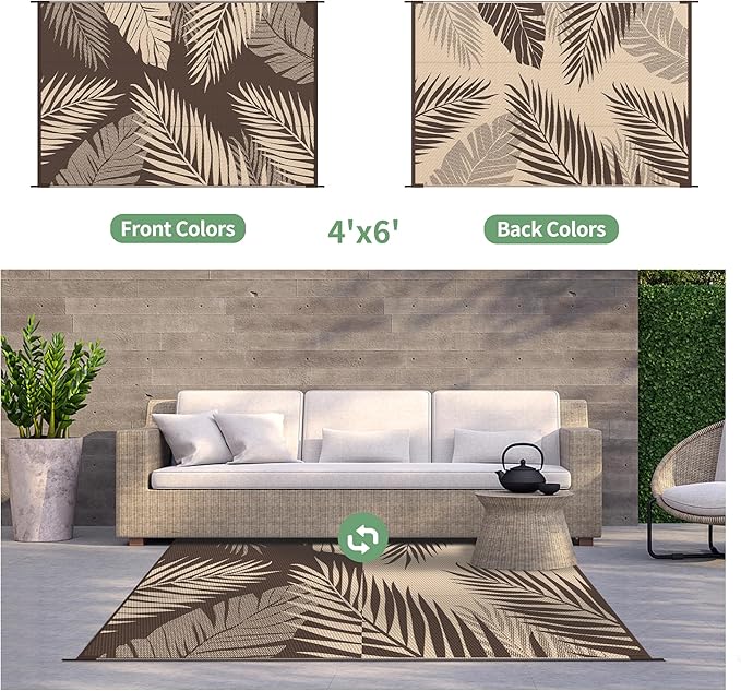 GENIMO Outdoor Rug 4' x 6' Waterproof for Patios Clearance, Reversible Outdoor Plastic Straw Camping Rug Carpet, Large Area Rugs Mats for RV, Camper, Deck, Balcony, Porch, Beach, Coffee&Beige-HomvellaHome