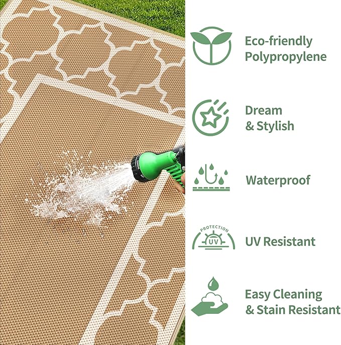 GENIMO 9' x 12' Outdoor Rug for Patio Clearance, Waterproof Indoor Outdoor Plastic Straw Rugs Carpet, Reversible Outside Area Rv Mat for Camping, Balcony Porch, Deck, Picnic, Beach (Brown & Beige)-HomvellaHome