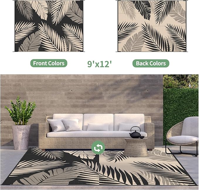 GENIMO Outdoor Rug 9' x 12' Waterproof for Patios Clearance, Reversible Outdoor Plastic Straw Camping Rug Carpet, Large Area Rugs Mats for RV, Camper, Deck, Balcony, Porch, Beach, Picnic, Black&Beige-HomvellaHome