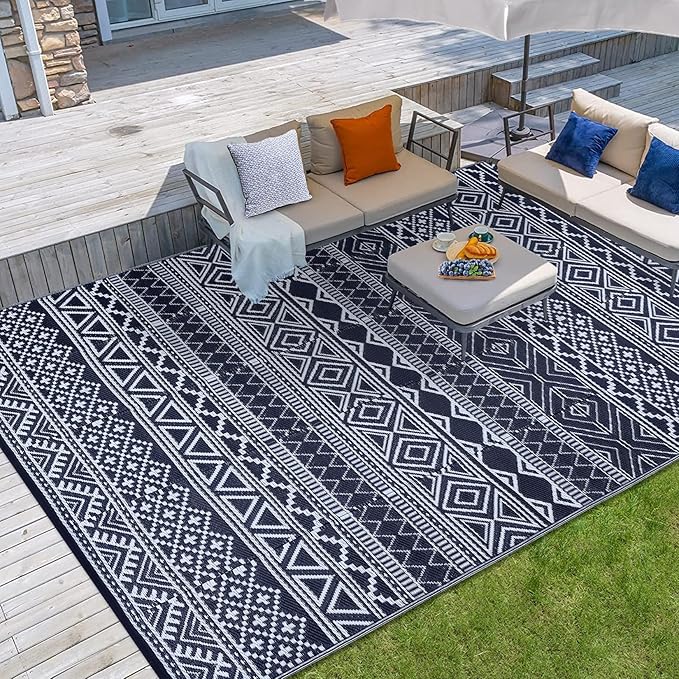 GAOMON Outdoor Rug Waterproof 8'x10', Reversible Outdoor Plastic Straw Rug, Boho Patio Rug, Indoor Outdoor Carpet, RV Mat Outside for Patio, Camp, Picnic, Balcony, Deck, Dark Blue/White(Bohemia)-HomvellaHome