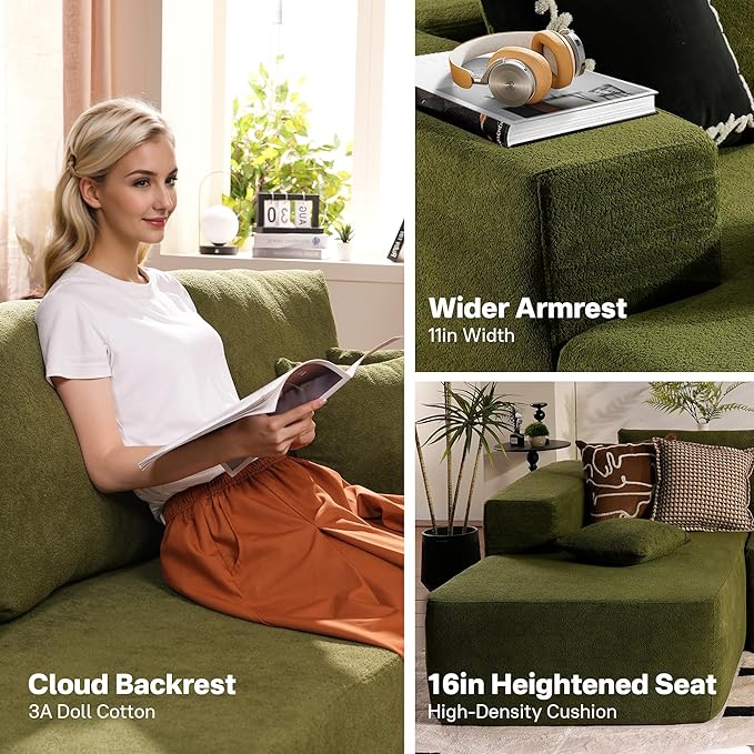 104" Cloud Sectional Couches for Living Room,L Shaped Boneless Couch in A Box,Sleeper Sofa with Comfy Chaise No Assembly Required,Green-HomvellaHome