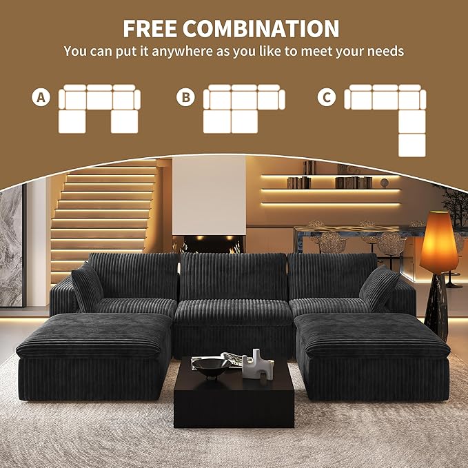 118" U Shaped Modern Sofa Modular Sectional Cloud Couch with 2 Ottoman,Upholstered Couches with Plush Corduroy Fabric for Living Room Furniture,Bedroom and Apartment,No Assembly Required,Black-HomvellaHome
