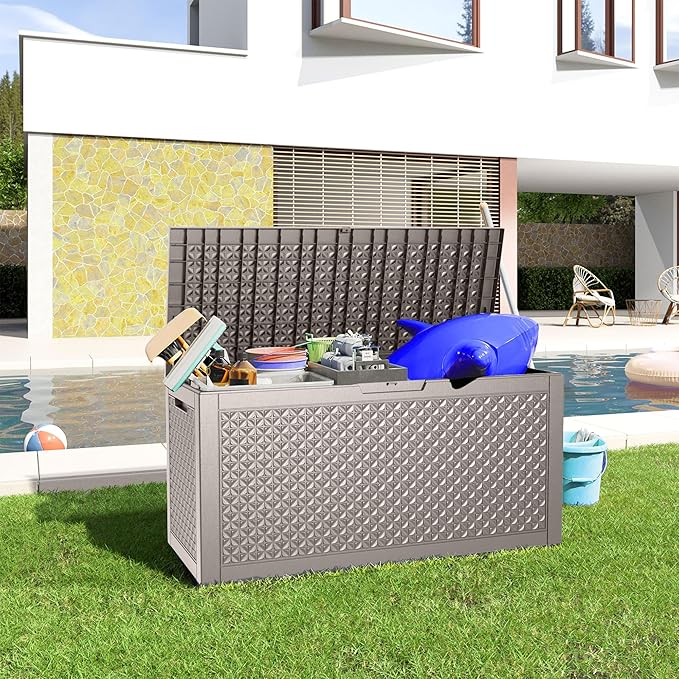 100 Gallon Resin Deck Box, Lockable Outdoor Storage Box for Patio Cushions Storage Furniture,Garden Tools, Pool Supplies, Weatherproof and UV Resistant (Grey L)-HomvellaHome