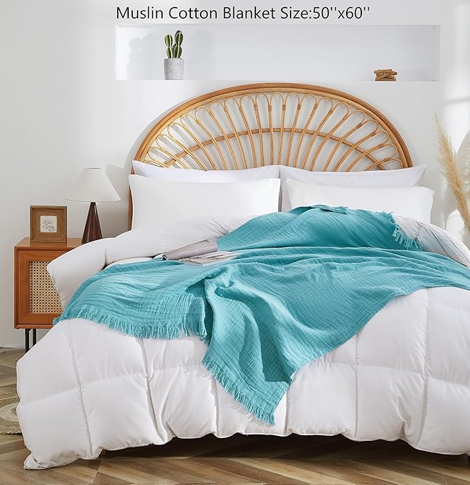 100% Cotton Muslin Throw Blanket for Bed, Couch, Small, Decorative, Soft, Pre-Washed, Breathable and Lightweight Gauze Blanket with Fringes, Suitable for All Seasons, Teal, 50"x60"-HomvellaHome