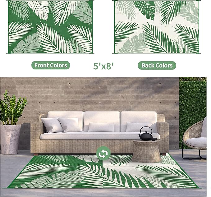 GENIMO Outdoor Rug 5' x 8' Waterproof for Patios Clearance, Reversible Plastic Straw Camping Rug Carpet, Large Area Rugs Mats for RV, Picnic, Backyard, Deck, Balcony, Porch, Dark Green&White-HomvellaHome