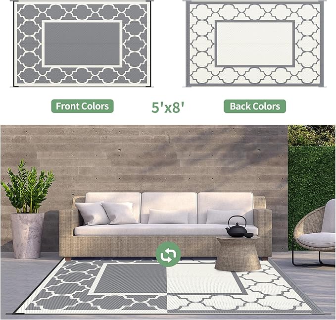 GENIMO 5 ' x 8 ' Outdoor Rug for Patio, Waterproof Indoor Outdoor Plastic Straw Rugs Carpet, Reversible Outside Area Mat for Camping, Balcony Porch, Deck, Picnic, Beach Grey & Beige White-HomvellaHome