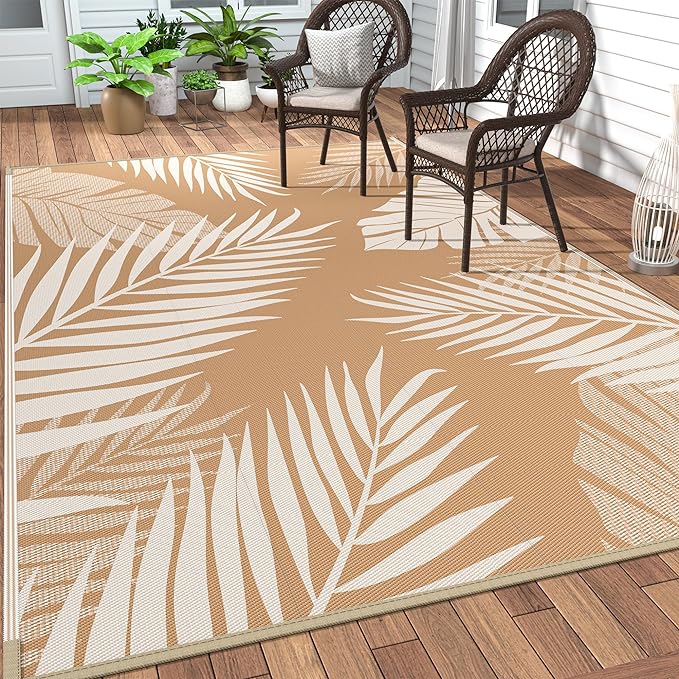 GENIMO Outdoor Rug 9' x 12' Waterproof for Patios Clearance, Reversible Outdoor Plastic Straw Camping Rug Carpet, Large Area Rugs Mats for RV, Camper, Deck, Balcony, Porch, Beach, Picnic, Brown&Beige-HomvellaHome