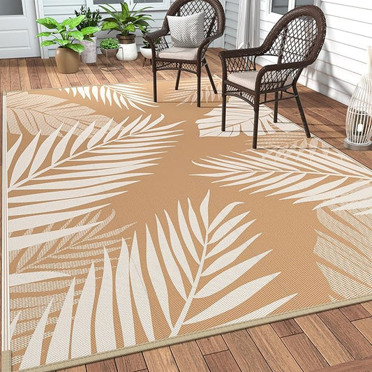GENIMO Outdoor Rug 8' x 10' Waterproof for Patios Clearance, Reversible Outdoor Plastic Straw Camping Rug Carpet, Large Area Rugs Mats for RV, Camper, Deck, Balcony, Porch, Beach, Picnic, Brown&Beige-HomvellaHome