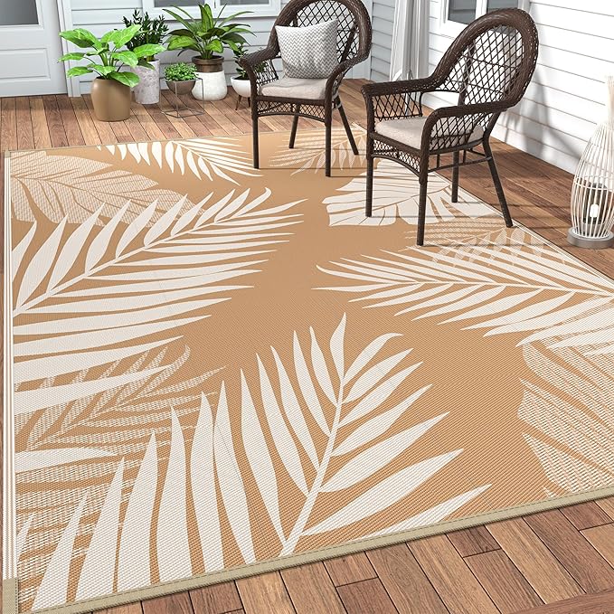 GENIMO Outdoor Rug 5' x 8' Waterproof for Patios Clearance, Reversible, Plastic Straw Camping Rug Carpet, Large Area Rugs Mats for RV, Picnic, Backyard, Deck, Balcony, Porch, Beach, Brown&Beige-HomvellaHome