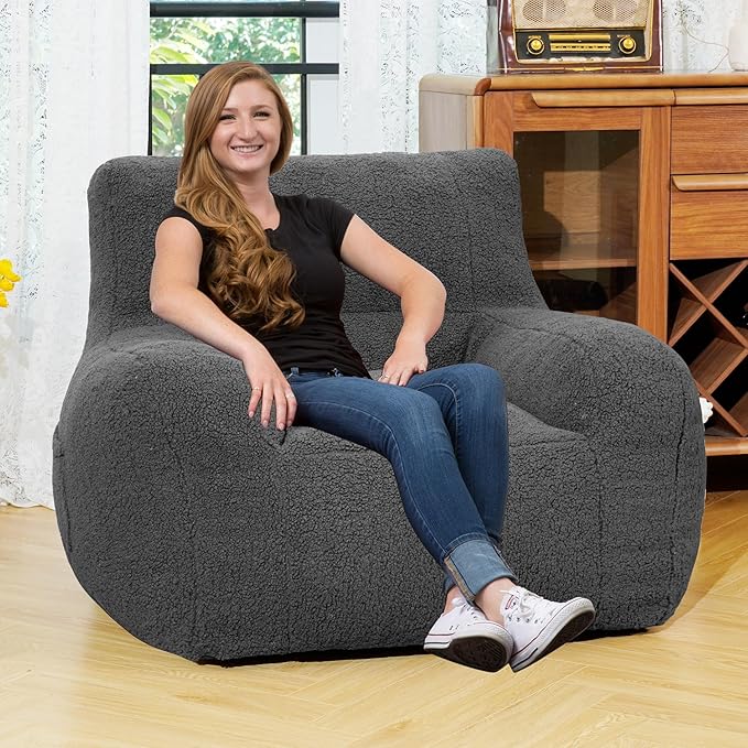 Giant Bean Bag Chair, Lambswool Bean Bag Chair for Adults, Soft Bean Bag High-Density Foam Filled, Grey Comfortable Been Bag for Bedroom, Playroom.-HomvellaHome