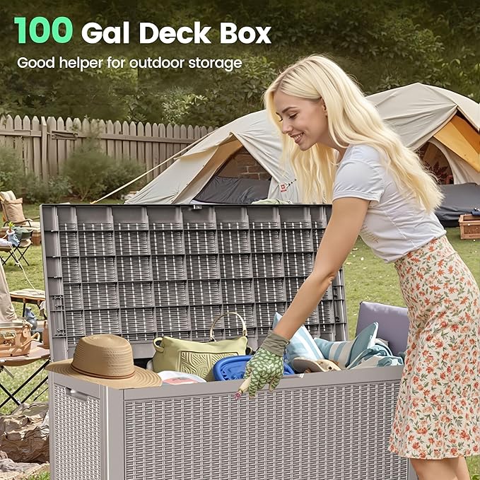 100 Gallon Storage Box, Waterproof Resin Deck Box with Hydraulic Piston Design, Lockable Storage Bench for Package Delivery, Storage Bin for Patio Cushions, Garden Tools, Grey-HomvellaHome
