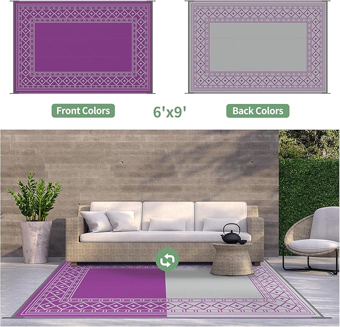 GENIMO Outdoor Rug Waterproof 6'x9' for Patio, Foldable Reversible Plastic Straw Carpet for Travel Trailers, Outside Area Mat for Rv, Deck, Picnic, Porch, Camper, Balcony, Beach, Purple & Grey-HomvellaHome