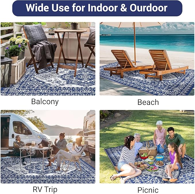 GAOMON Patio Rugs Outdoor 8x10 Waterproof Reversible Plastic Straw Rug, Large UV-Resistant Portable RV Camping Mats, Indoor Outdoor Medallion Carpet for Deck Porch Garden, Dark Blue & White-HomvellaHome