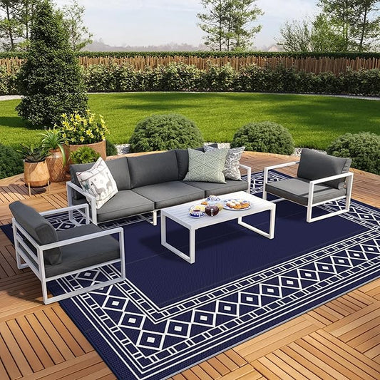 GENIMO Outdoor Rug Waterproof for Patio Decor, 9'x12' Foldable Reversible Plastic Straw Carpet for Travel Trailers, Outside Area Mat for Rv, Deck, Picnic, Porch, Camper, Balcony, Beach, Blue & White-HomvellaHome