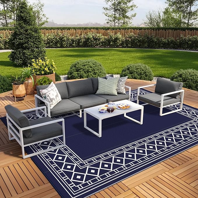 GENIMO Outdoor Rug Waterproof Area 10'x14' for Patio, Foldable Reversible Plastic Straw Carpet for Travel Trailers, Outside Mat for Rv, Deck, Picnic, Porch, Camper, Balcony, Beach, Blue & White-HomvellaHome