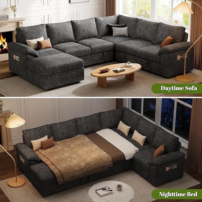108 Inch Sectional Sleeper Sofa with Pull Out Bed,U Shaped 7 Seat Modular Sectional Sofa with Storage,Sectional Couches for Living Room,Cloud Modular Couch,Removable Sofa Cover,Dark Grey-HomvellaHome