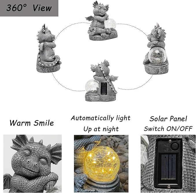 Garden Dragon Figurine Solar Powered Outdoor Cute Dragon with Hold Glowing Glass Ball Resin Sculpture for Porch Patio Lawn Farm Yard Home Decoration Gift for Women Housewarming-HomvellaHome